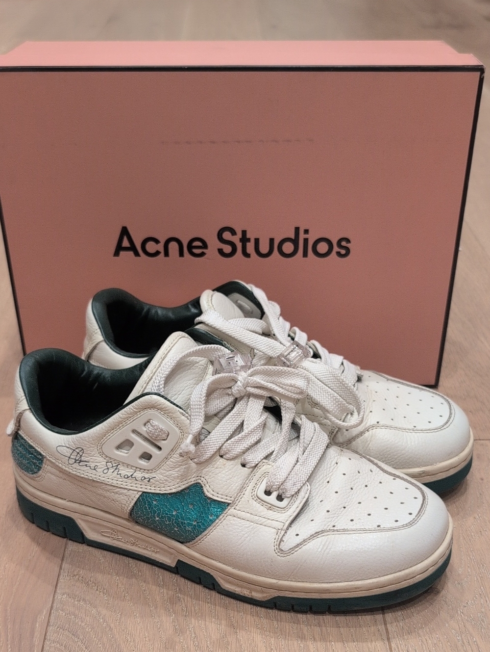 Acne White Sneakers with Teal Accent